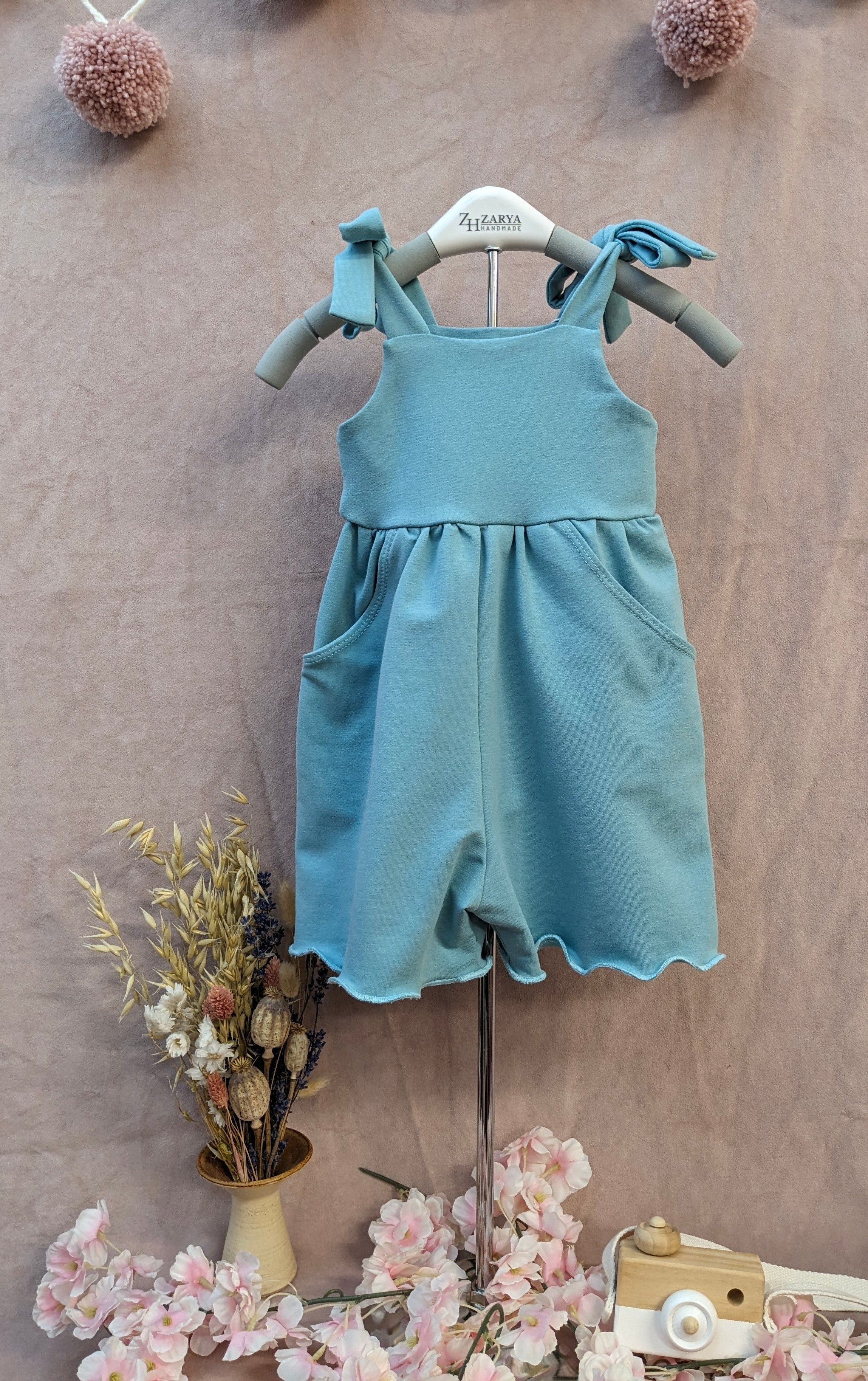 Short Romper (Tie Shoulders)- Dusty Aqua