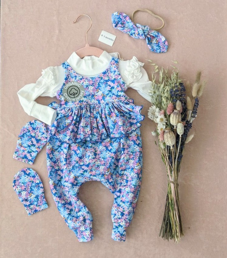 Harem Romper Set - Royal Blue Floral  Ruffle Waist