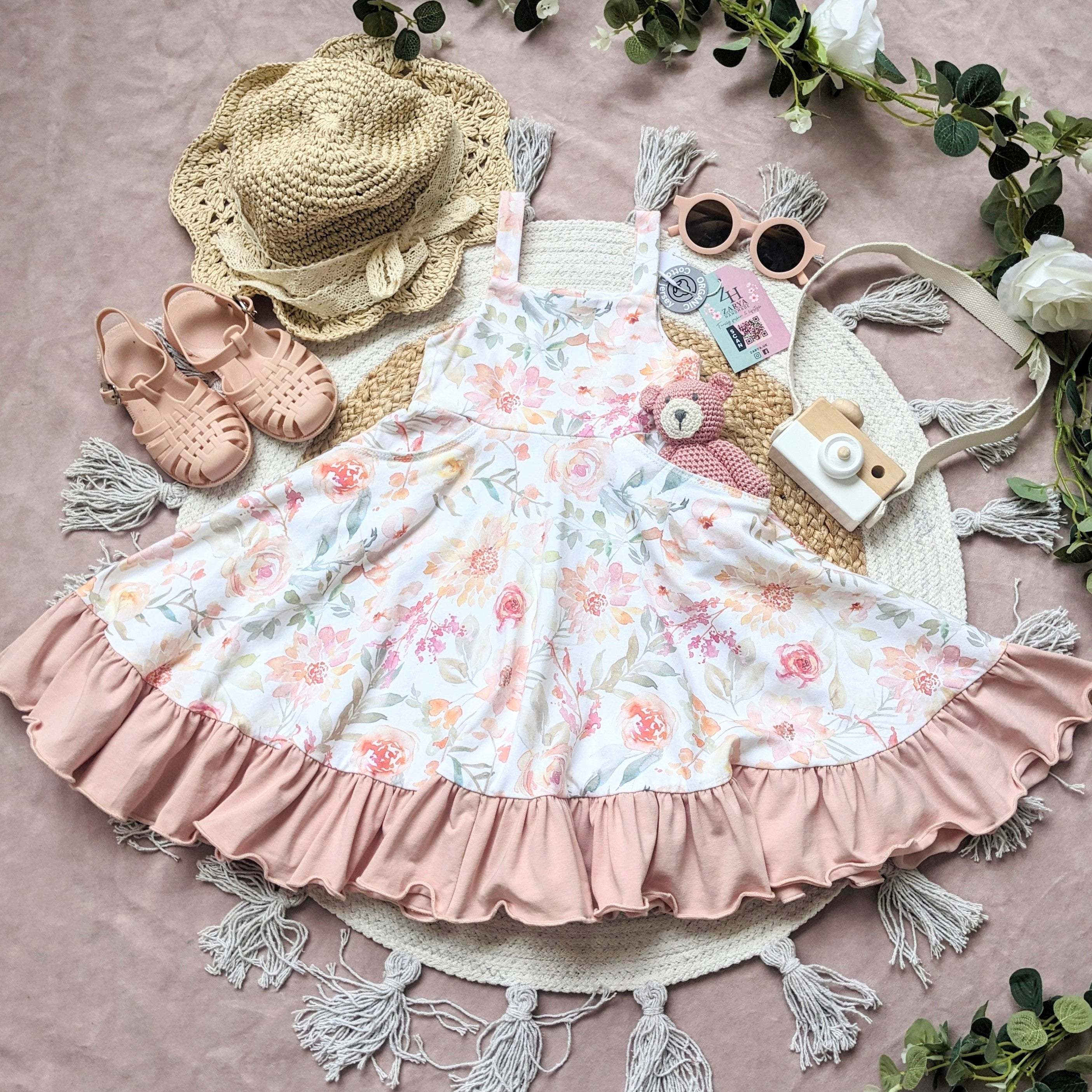Twirly Pinafore with Frills - Summer Dahlias